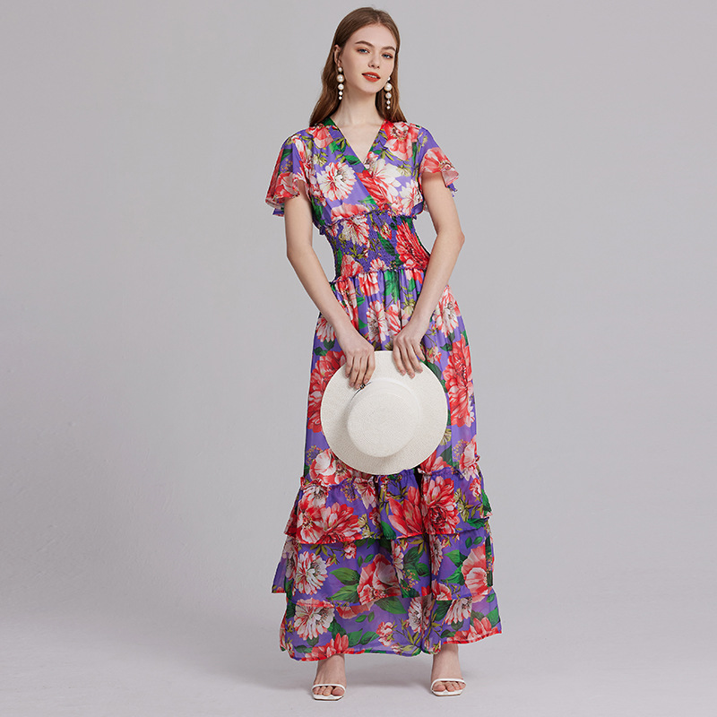 Printed V-Neck Flounce-Sleeve Maxi Dress, picture 3 of 5