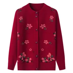 Thermal Underwear Fleece-lined Thickened Grandma Sweater Coat For Women - Wine Red Without Velvet - View 1