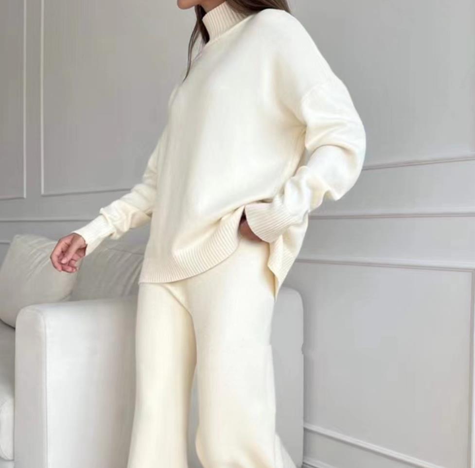 High-grade Solid Color Turtleneck Knitting Suit Women's Wide-leg Pants Two-piece Set