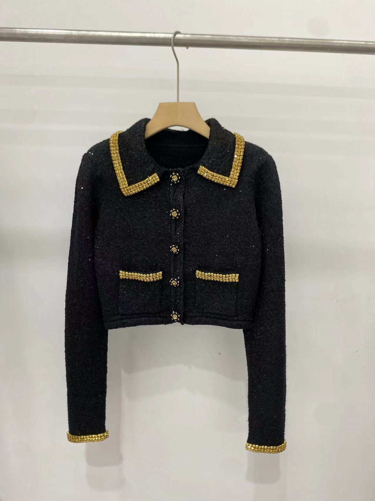 Beaded Sequins Gold Polo Collar Top Plus Pleated Knitted Overskirt