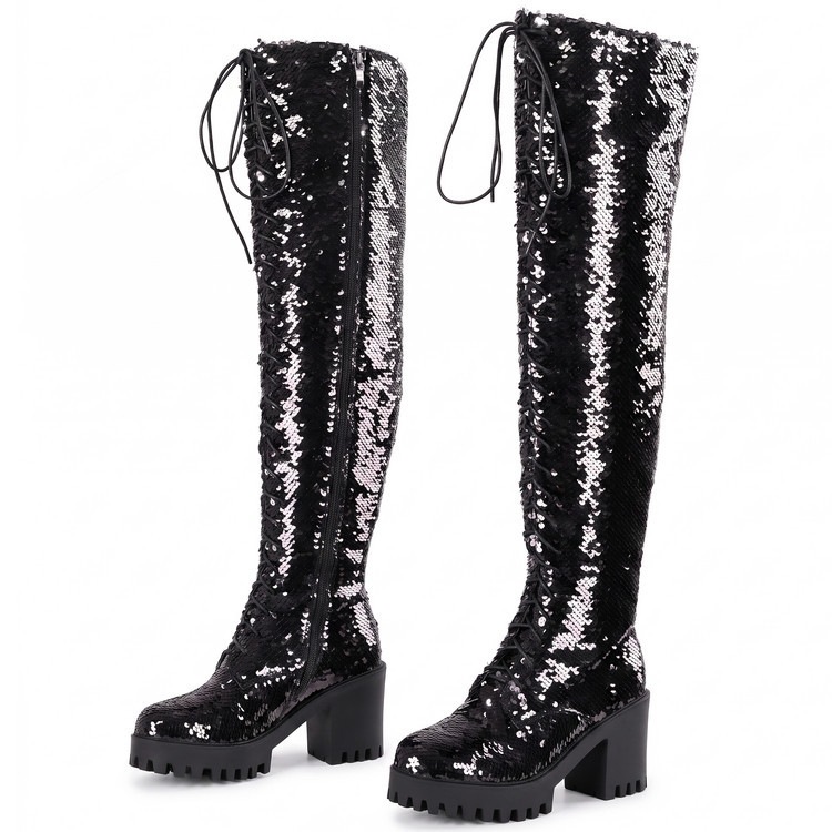 Sequined Platform Chunky-Heel Boots, picture 2 of 6