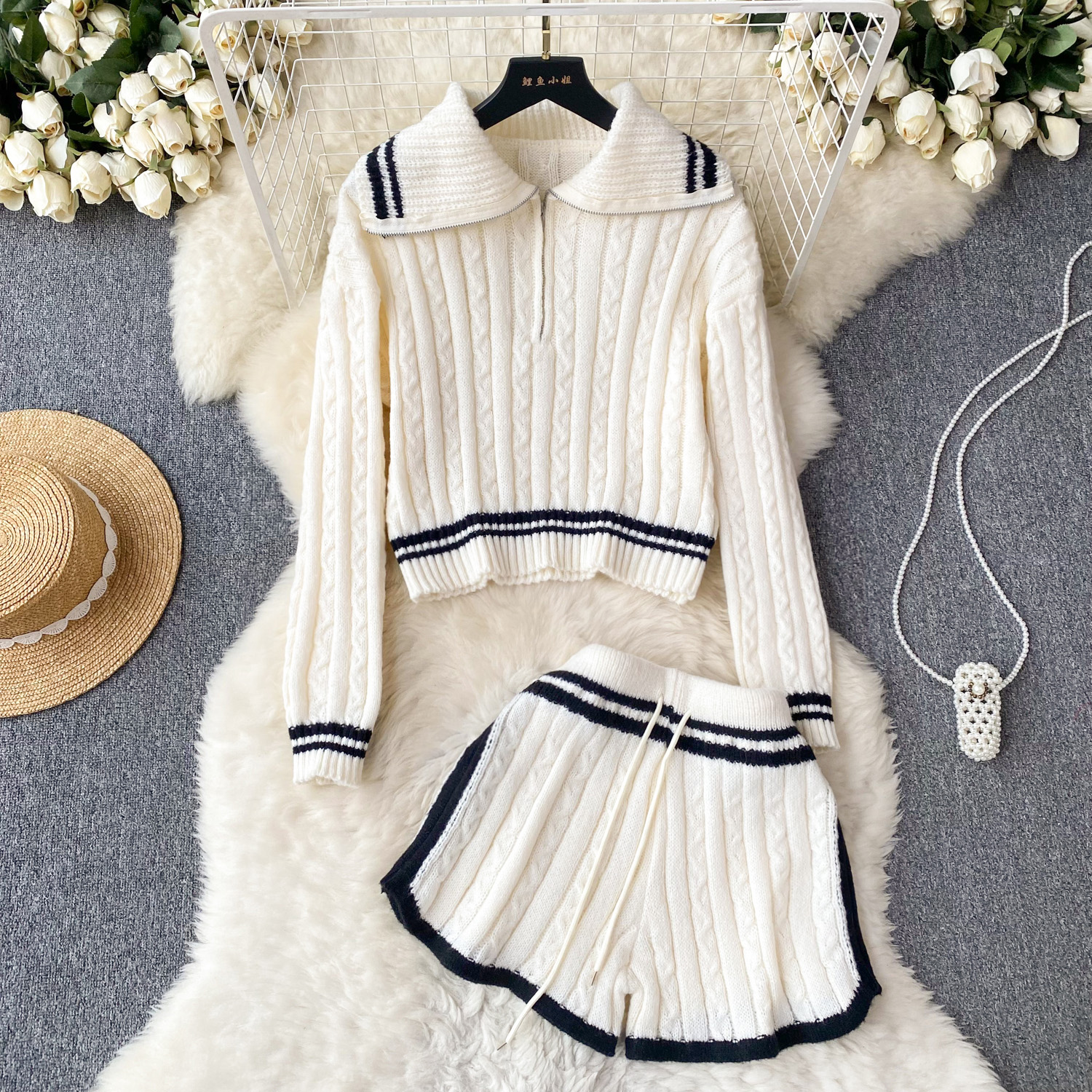 Breasted-collar Striped Sweater And Wide-leg Shorts Set