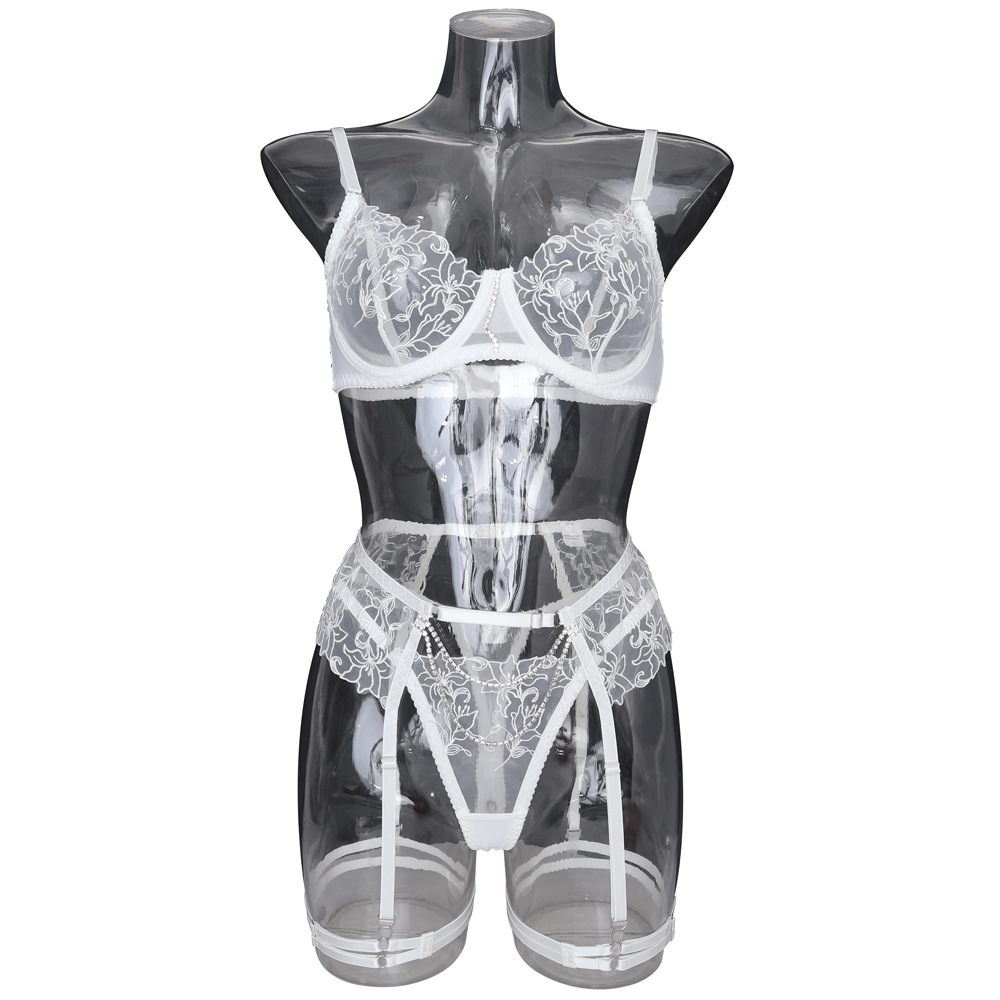 Chain Flower Embroidered Underwear Bra Set Female White - Shop at LoveMi