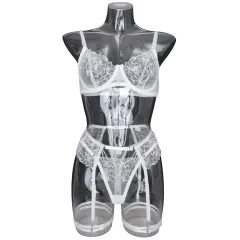 Chain Flower Embroidered Underwear Bra Set Female - White - View 1