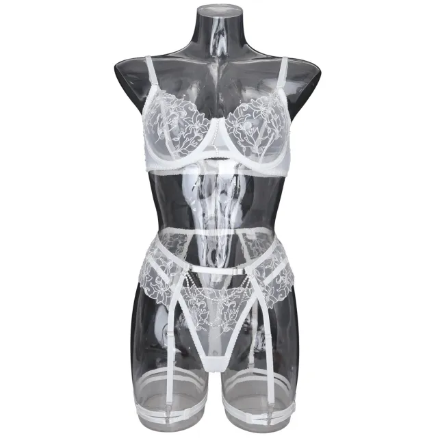 Chain Flower Embroidered Underwear Bra Set Female White - Shop at LoveMi