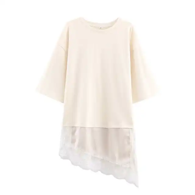 Summer Chic Fashion T Shirt With A Patchwork Lace Hem Beige - Shop at LoveMi