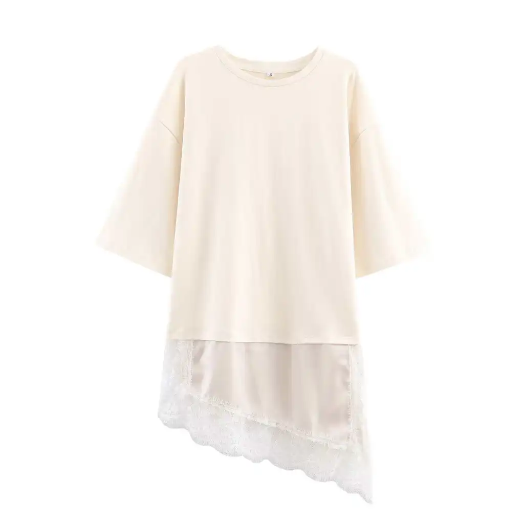 Summer Chic Fashion T-Shirt With A Patchwork Lace Hem - Beige