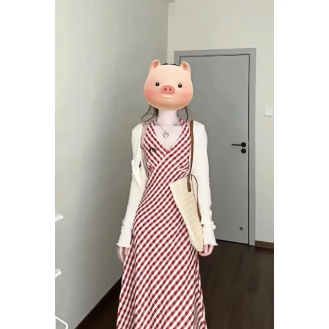 Retro Plaid Slimming Sense Of Design Dress Cardigan Suspender Skirt Xl - Shop at LoveMi