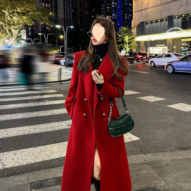 Red Temperament Long Sleeve Women's Woolen Coat Red - Shop at LoveMi