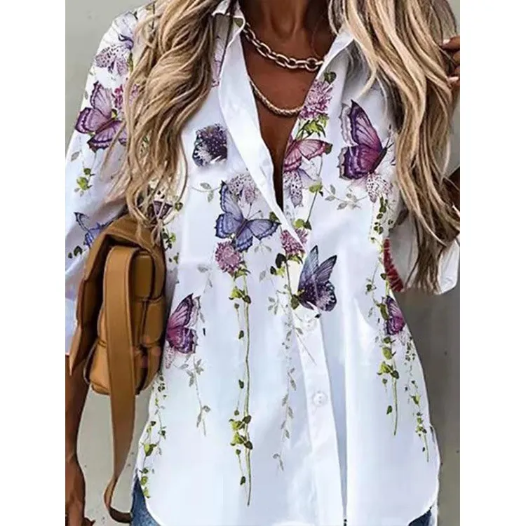 Women's Digital Printing Long Sleeve Shirt Top - Butterfly Three-Xl
