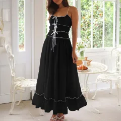 Casual Vacation Style Pleated Ruffled High Waist Sling Dress Women - Black - View 1