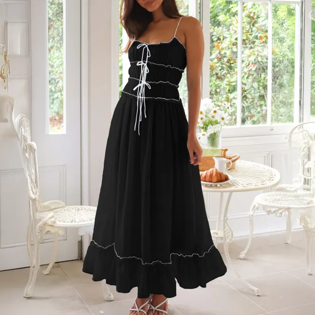 Casual Vacation Style Pleated Ruffled High Waist Sling Dress Women Black - Shop at LoveMi