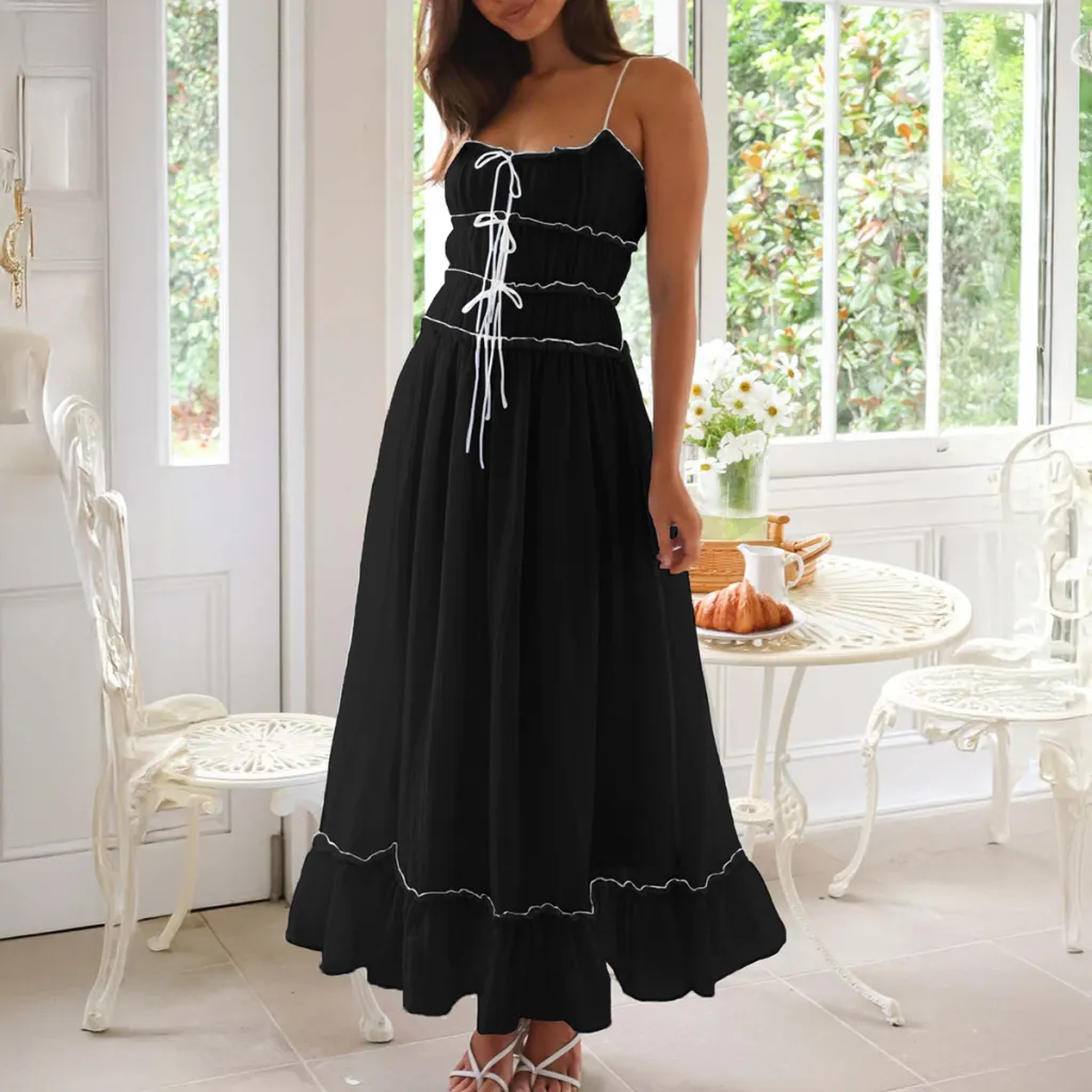 Casual Vacation Style Pleated Ruffled High Waist Sling Dress Women - Black
