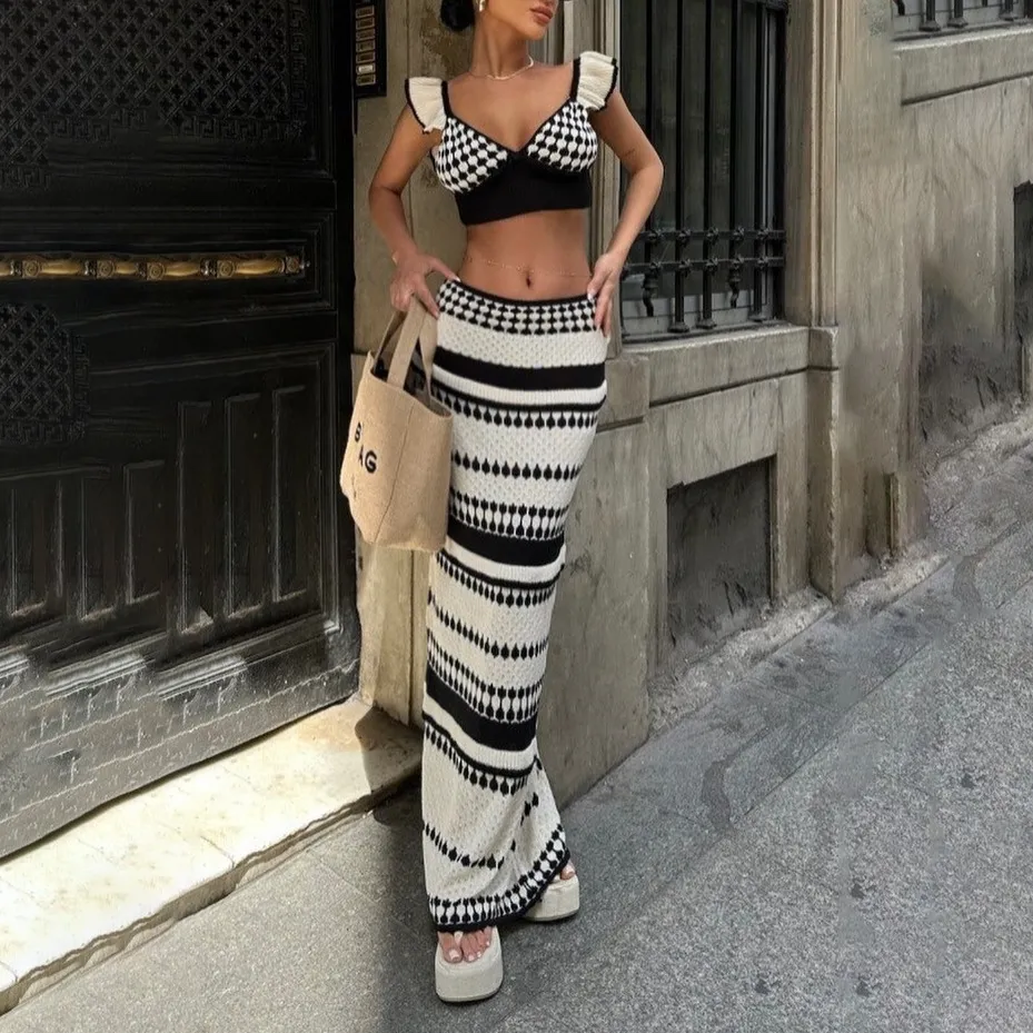 Sexy Petal Sleeve Cropped Tank Top Hip Striped Two-piece Long Dress