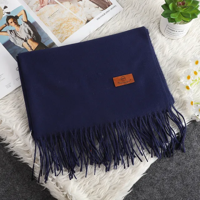Solid Color Cashmere like Bristle Scarf Ladies Tassel Warm Gift Navy Blue - Shop at LoveMi