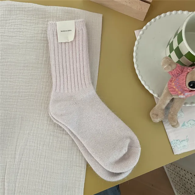Solid color Rabbit fur Chunky Knit Thermal Socks Light Pink - Shop at LoveMi
