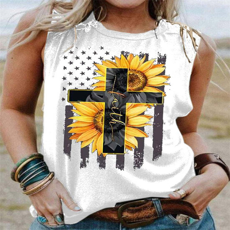 New Sunflower Cross Print Sleeveless Women's T-shirt
