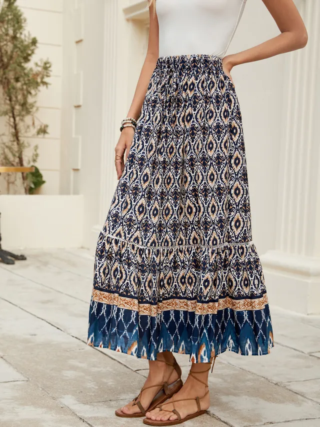 Beachside Maxi Skirt With A Bold Floral Print For Vacation Navy - Shop at LoveMi