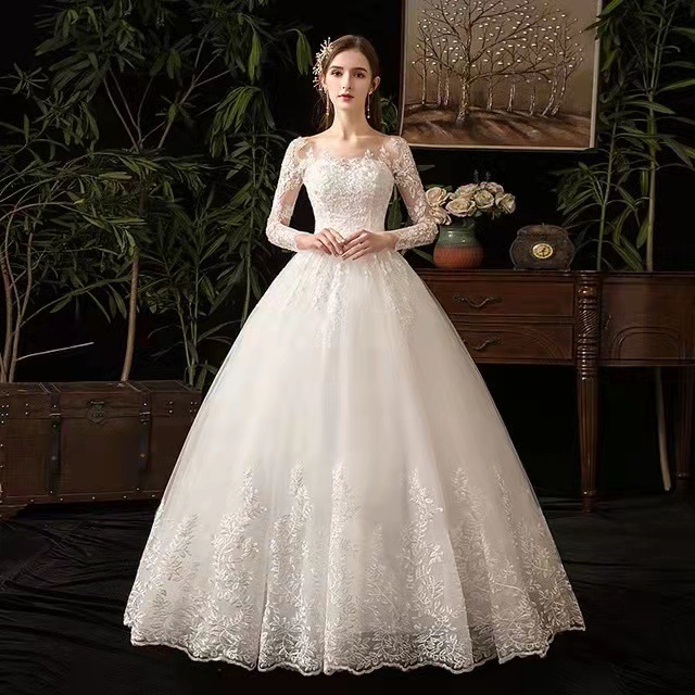 Women's Simple Trailing Mid-waist Backless Dream Long-sleeved Wedding Dress