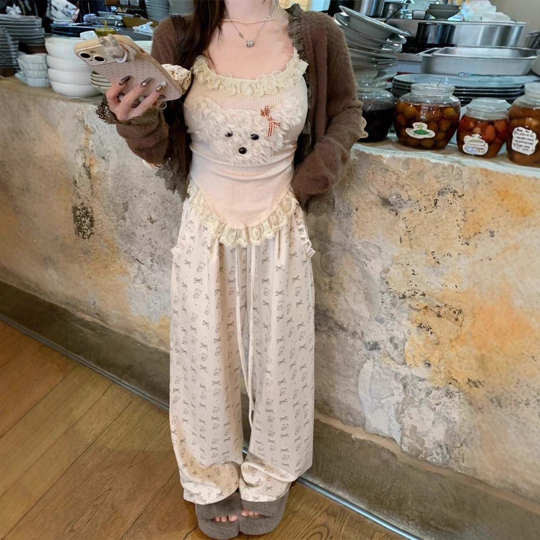 Bear Suspenders Coffee Color Cardigan Bow Pants Suit
