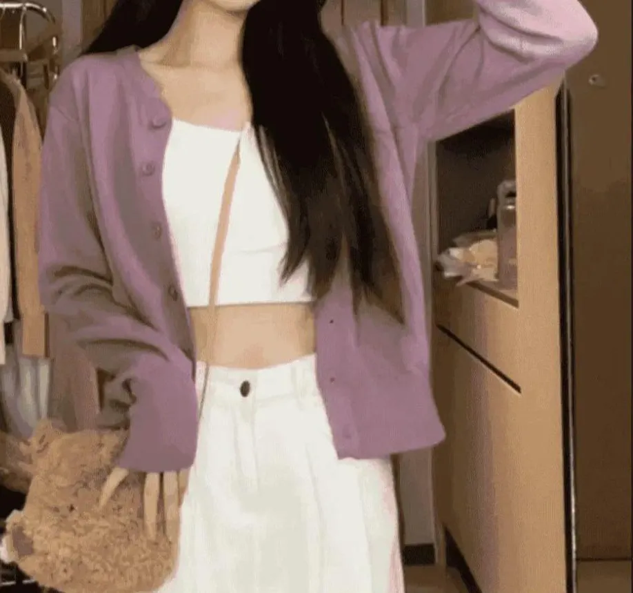 College Style Knitted Cardigan Thin Wool Sweater - Purple