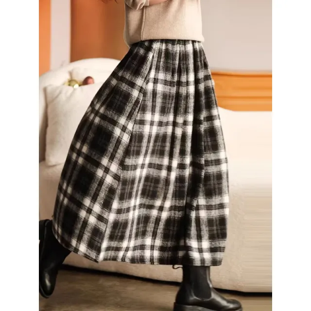 Thickened Woolen Elastic Waist Plaid Skirt Retro Artistic A Line Skirt For Women Black - Shop at LoveMi