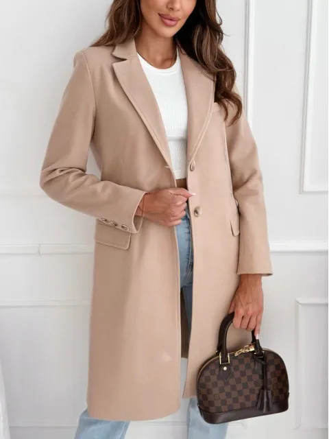 Simplicity Mid length Button Woolen Coat Outerwear Khaki - Shop at LoveMi