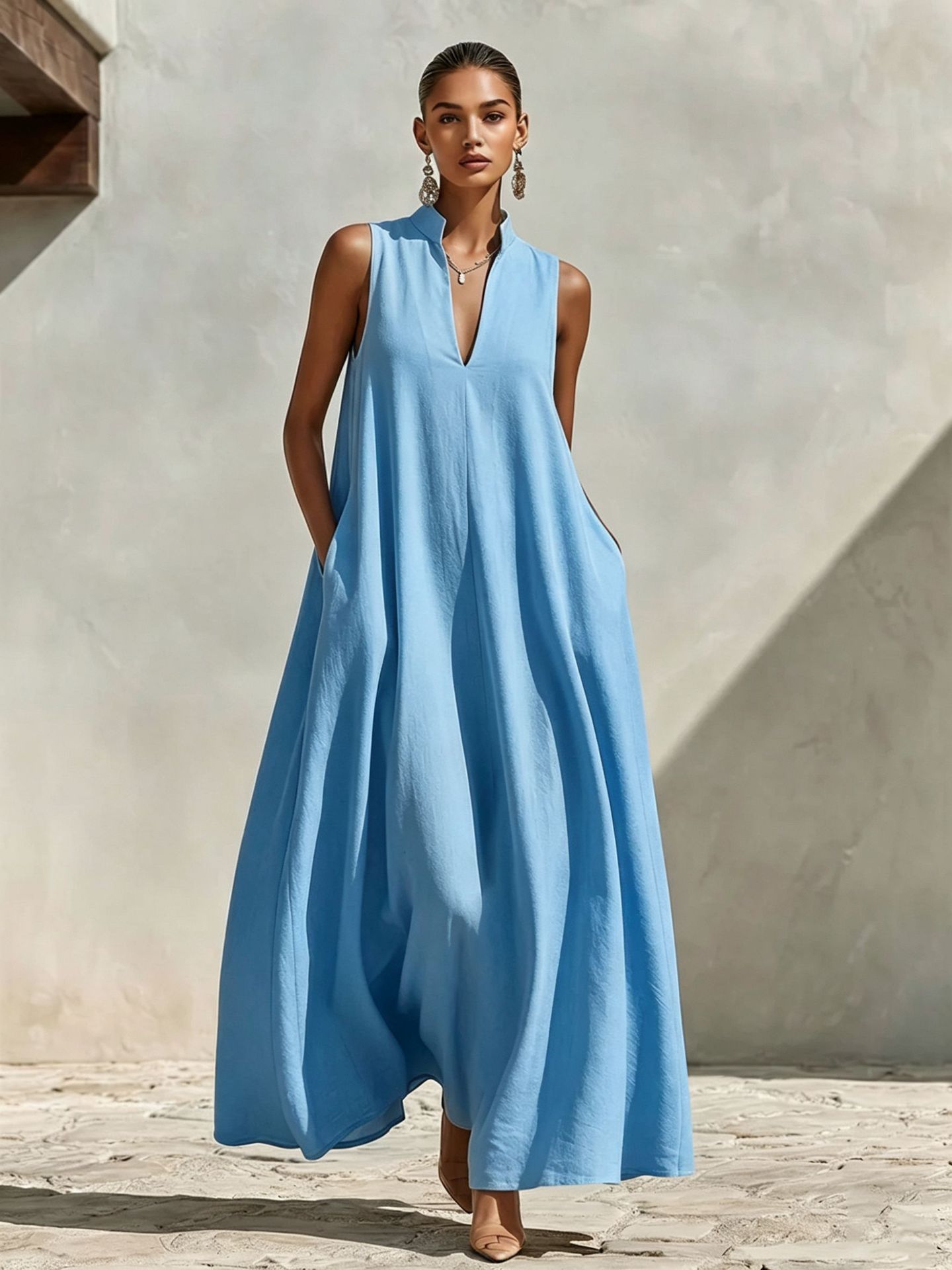 Linen blend sleeveless stand-collar maxi dress back view – women's loose fit boho casual summer resort dress