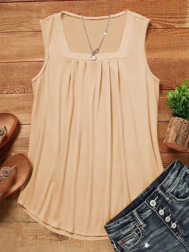 Solid Color Summer Loose Casual Pleated Square Collar Vest Top Apricot - Shop at LoveMi