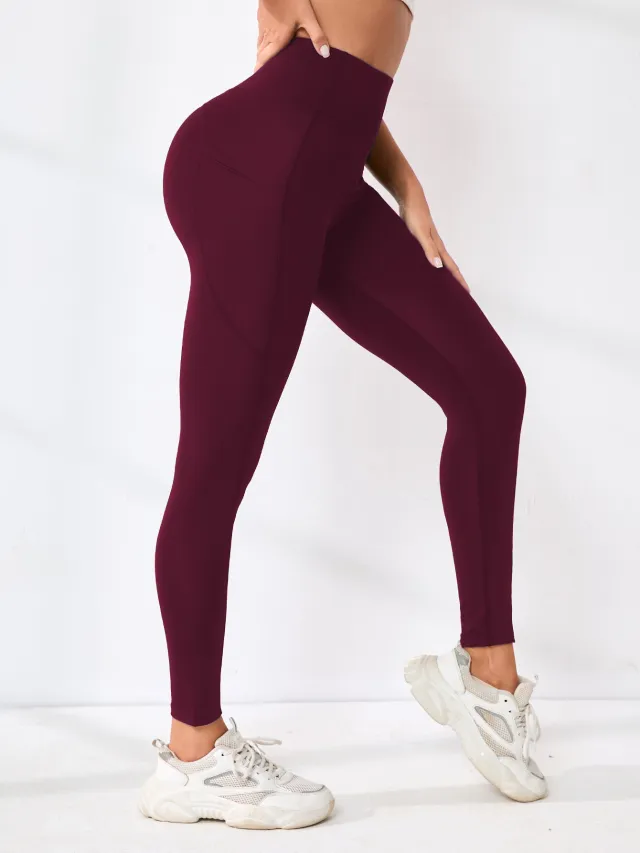 New High waisted Sexy Slimming Solid color Leggings For Running And Outdoor Sports Wine - Shop at LoveMi