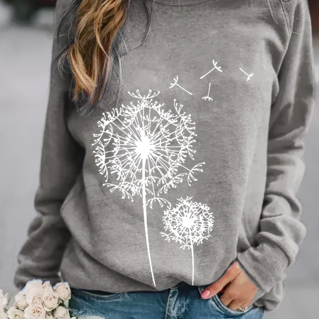 Dandelion Printed Long Sleeve Crew Neck Pullover Sweatshirt Gray - Shop at LoveMi
