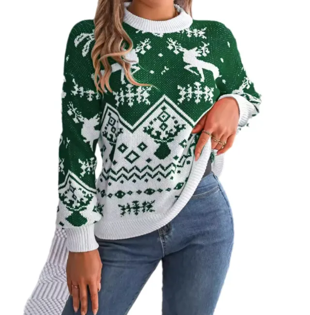 New Year Autumn Winter Casual Deer Pattern Long Sleeve Hoodie Sweater Christmas For Women Red Green Knitted Pullover Jumper Green - Shop at LoveMi