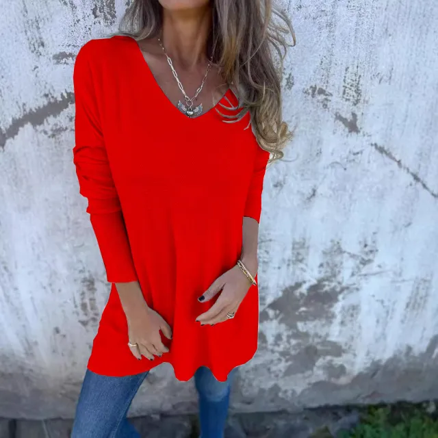 Solid Color V neck Knitted Sweater Loose Top Women's Clothing Red - Shop at LoveMi