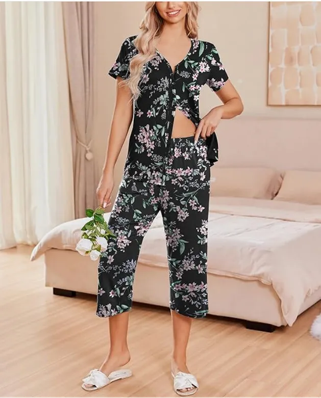 Women's Pajamas Short sleeved Pants Suit Black - Shop at LoveMi