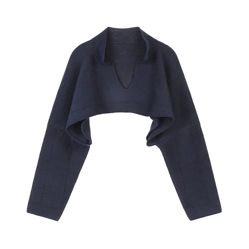 Lapel High Waist Midriff-baring Sweater - Navy Blue
