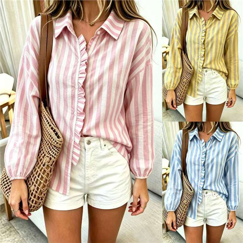 Fashionable Casual Versatile Figure-flattering Striped Long-sleeve Shirt With A Lapel Collar