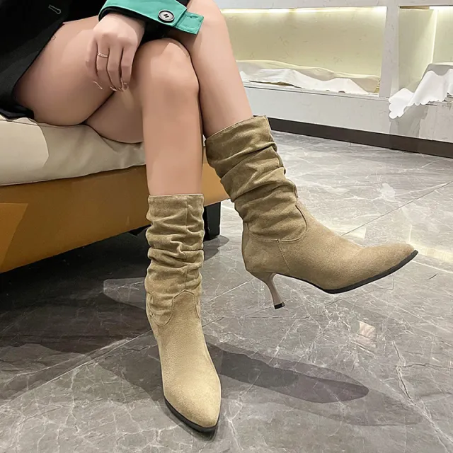 Womens Winter Thickened Pointed toe High heeled Ankle Boots Khaki - Shop at LoveMi