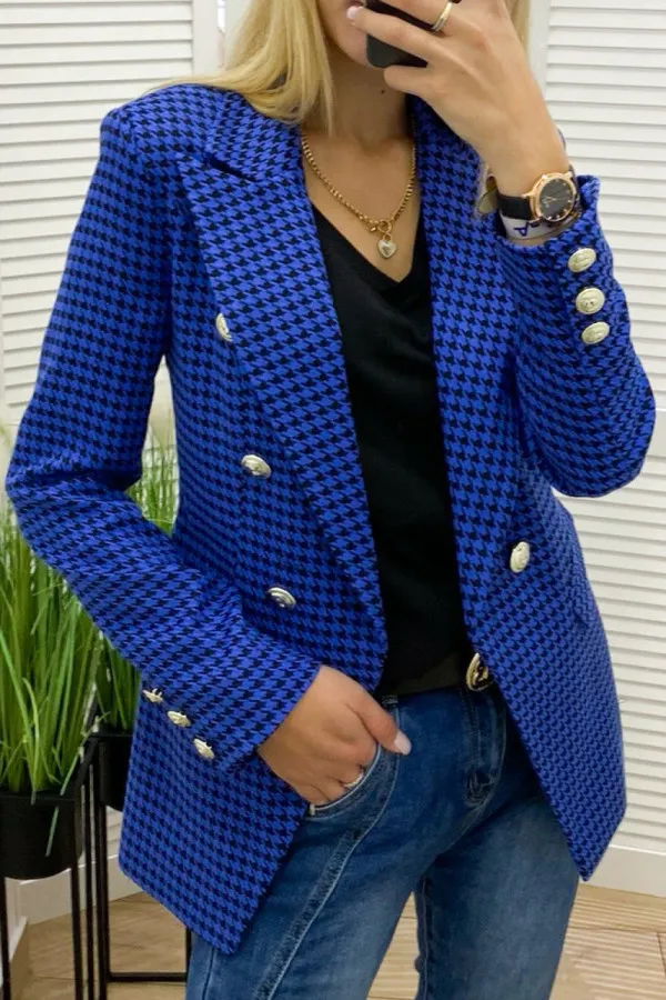 Women's Houndstooth Blazer Pocket Coat Blue Crazy Bird - Shop at LoveMi