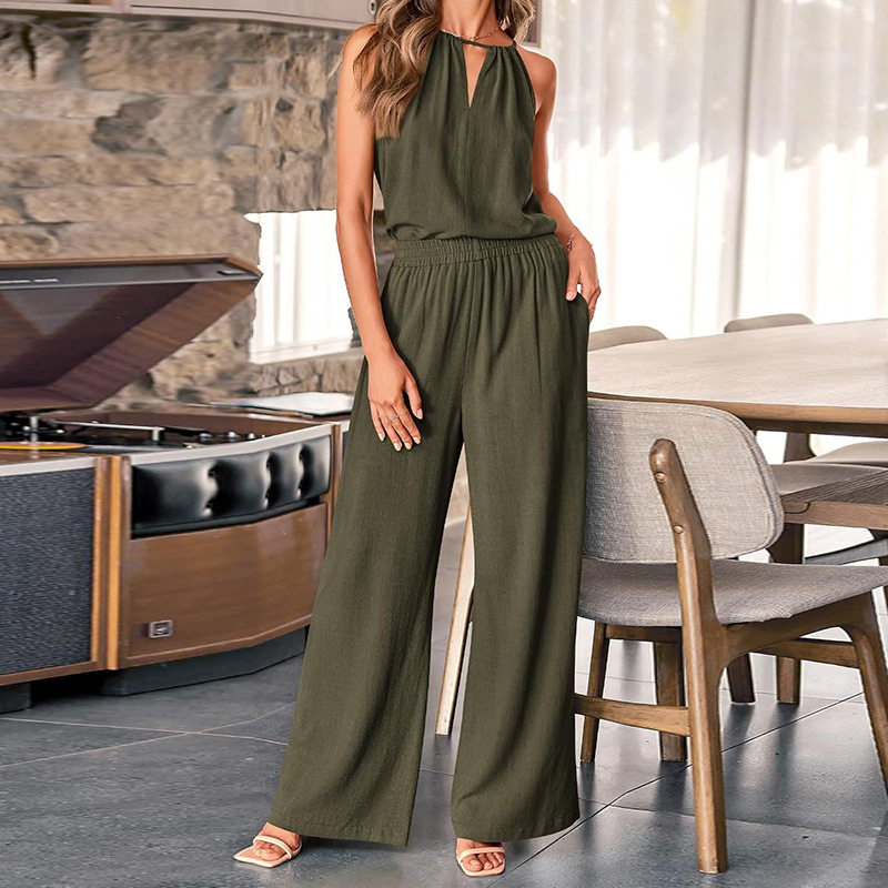 Hollow-out Halter Top And Wide-leg Pants Fashionable Casual Cotton-Linen Set