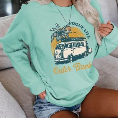 Printed Casual Women's Loose Crew Neck Top Green - Shop at LoveMi