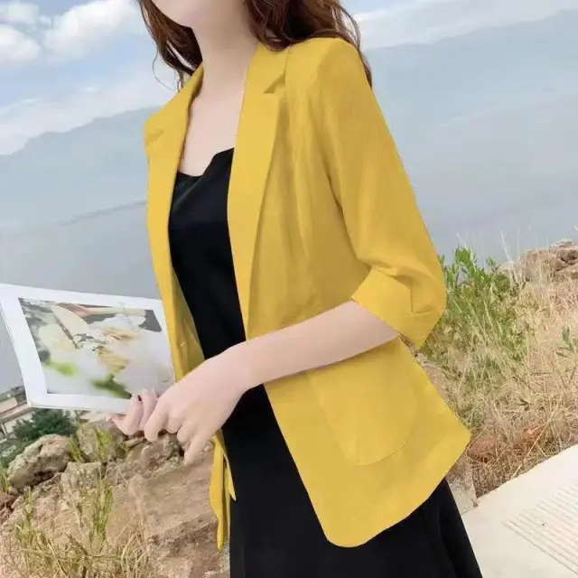 Casual Cotton And Linen Small Tailored Suit Top Yellow - Shop at LoveMi