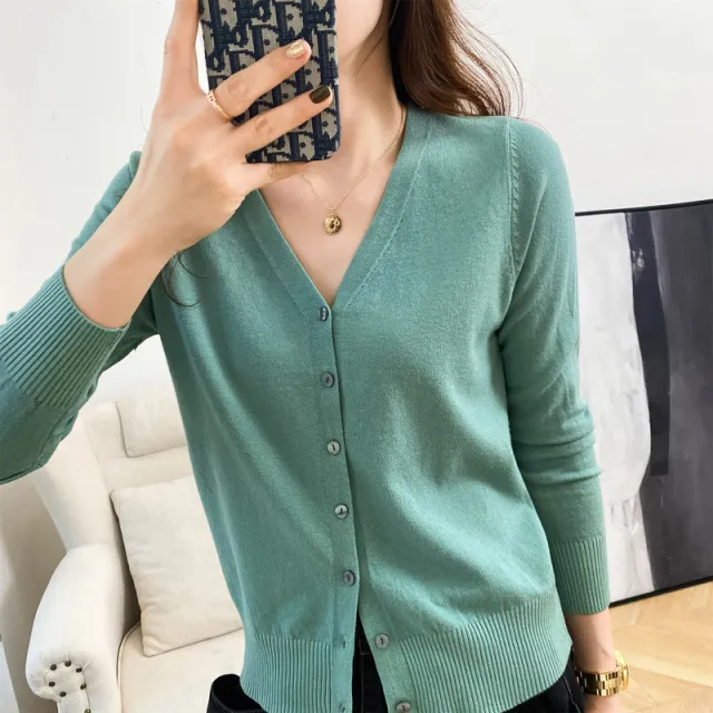 Cardigan V neck Sweater Loose Bottoming Sweater Green - Shop at LoveMi