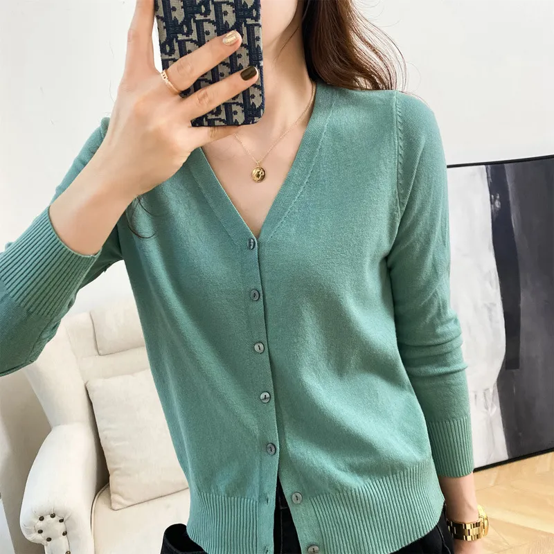 Cardigan V-neck Sweater Loose Bottoming Sweater - Green