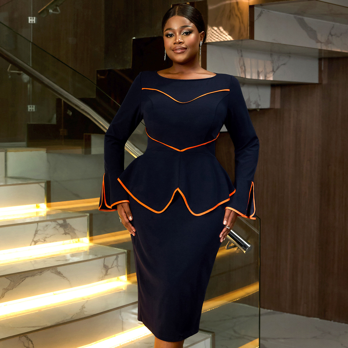 Plus-size African-style U-neck Flared-sleeve Sheath Dress