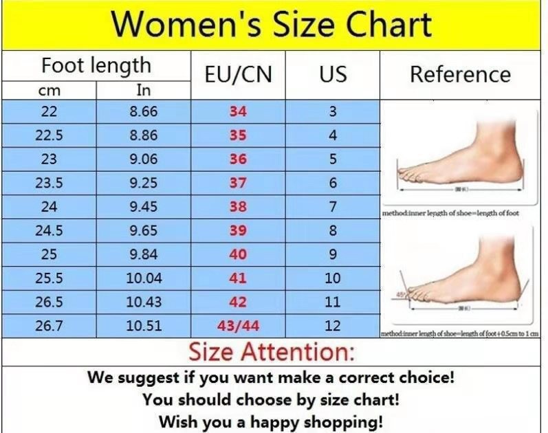 Women's footwear size chart with foot-length and regional size columns
