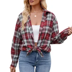 Casual Fashion Street Loose Plaid Shirt For Women - Red - View 1
