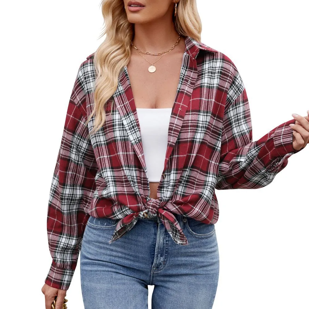 Casual Fashion Street Loose Plaid Shirt For Women - Red