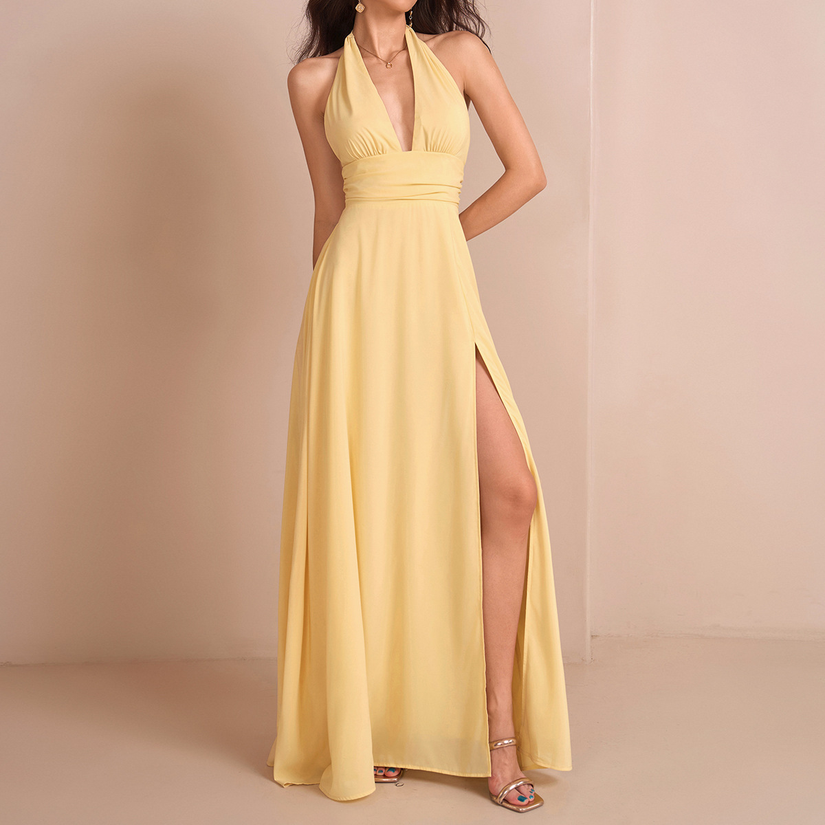 Sexy Chic Deep V-Neck Backless Slit Evening Gown Long Dress