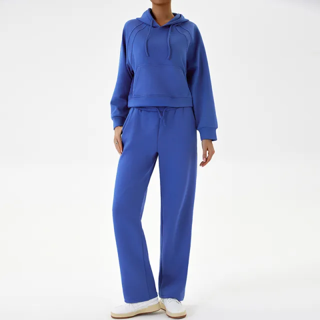 Casual Sweatshirt Sports Outfit Top Wide Leg Pants Two piece Set Klein Blue - Shop at LoveMi