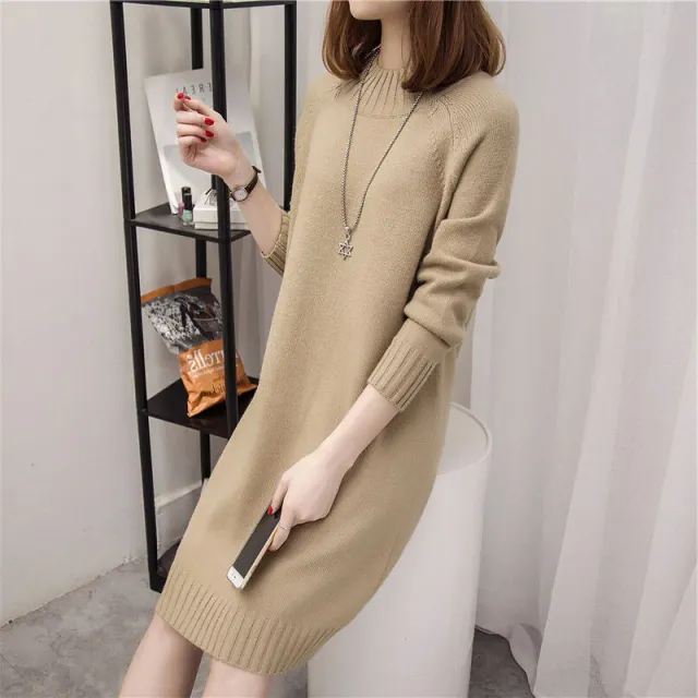 Loose Mid length Women's Knitted Dress Khaki - Shop at LoveMi